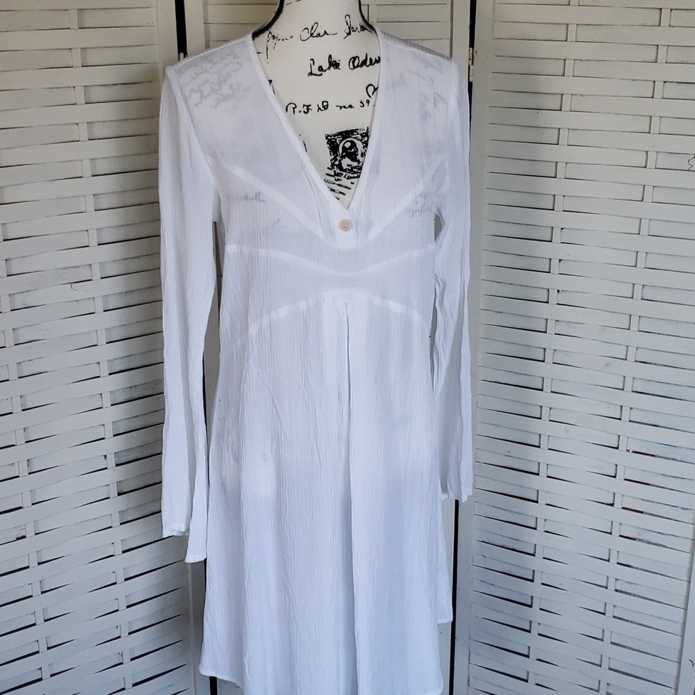 FLAX White Long Sleeve High Waist V-neck Semisheer Dress Petite